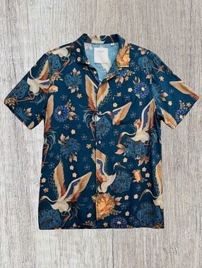 Percival Menswear Casual Blue Floral Crane Print Button-Down Shirt